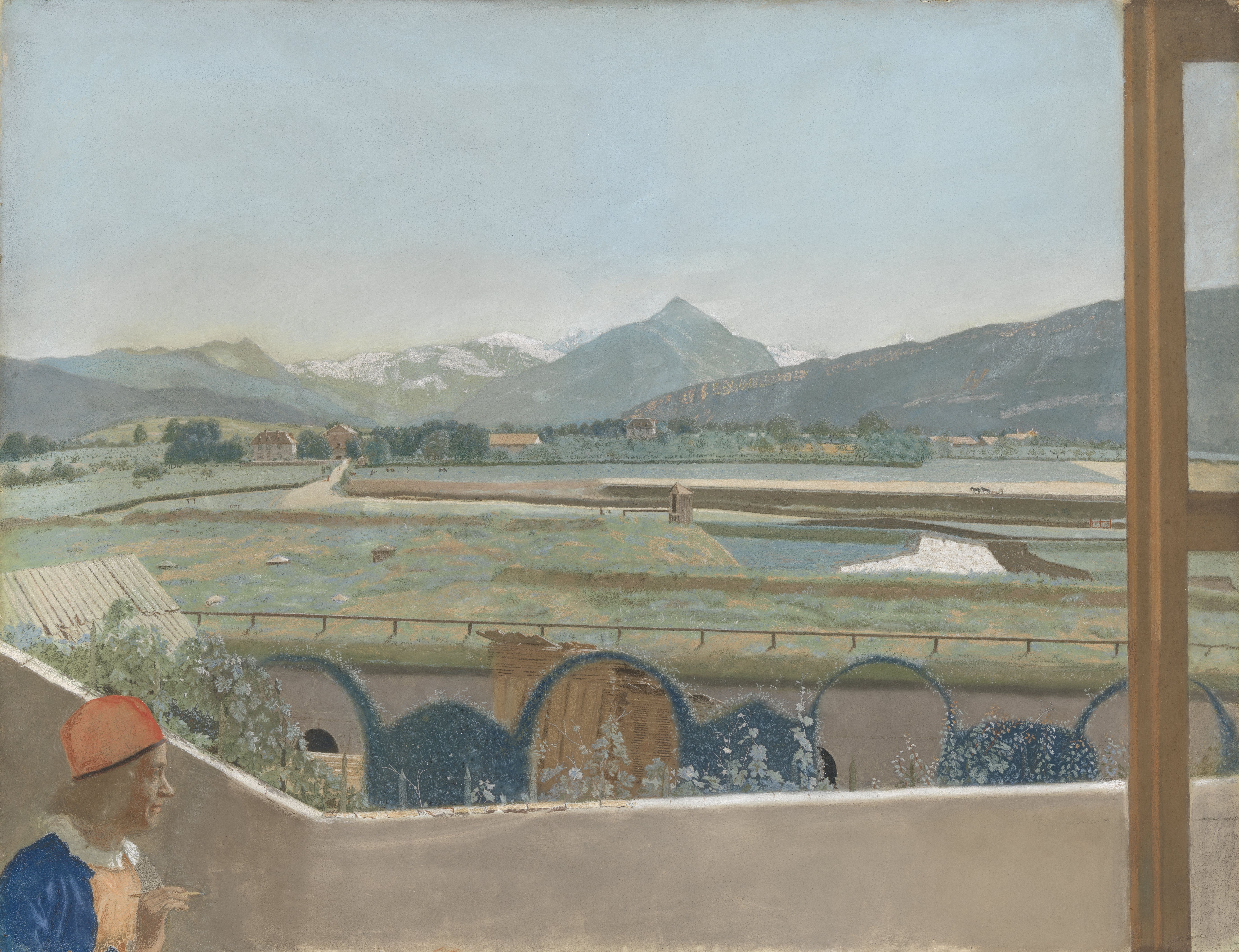《日内瓦画家工作室的勃朗峰地块景观，带自画像》