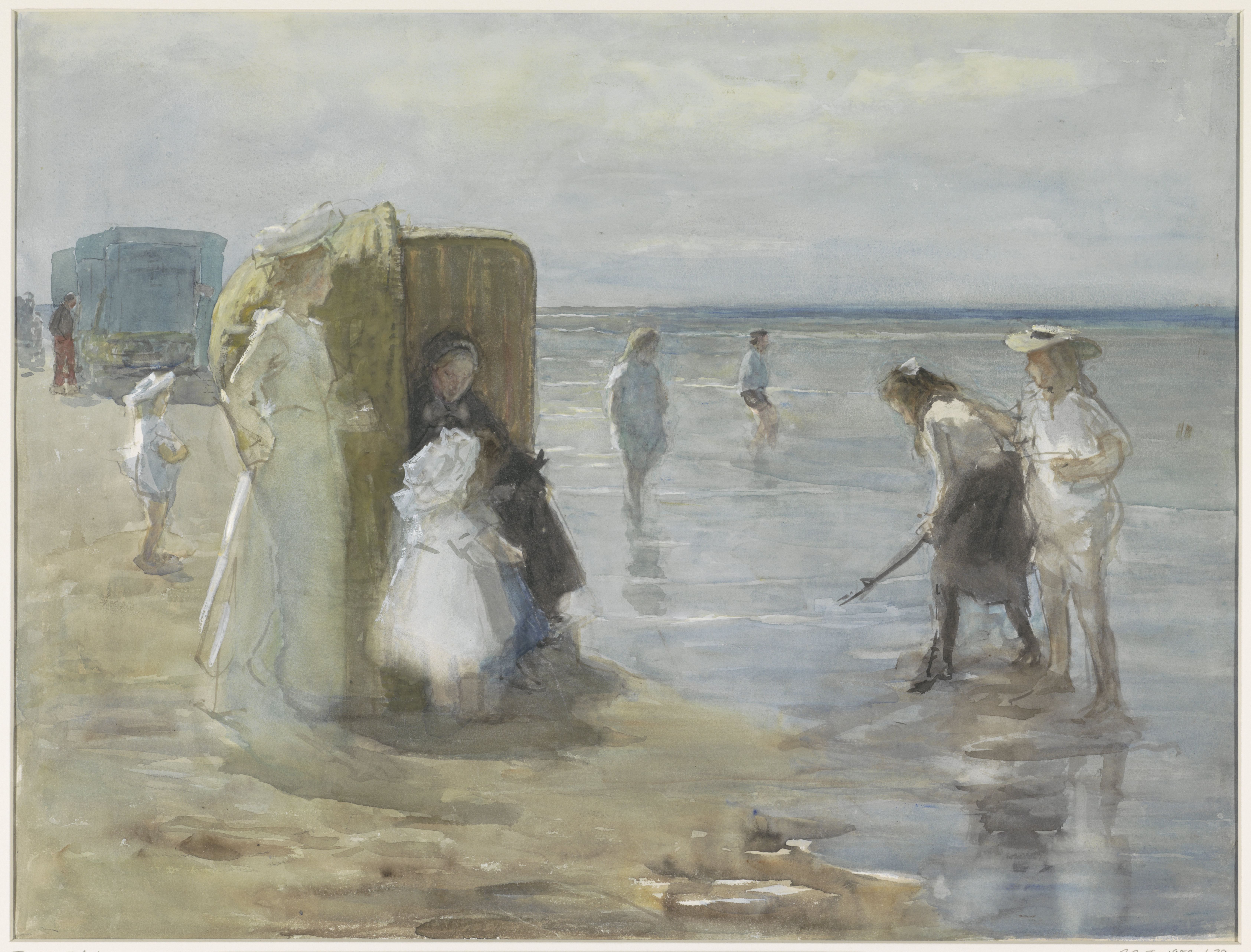 《沿着斯海弗宁恩海滩的涨潮线观看，有两位女士和孩子》